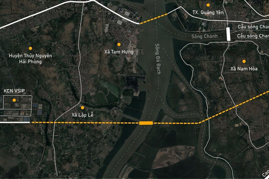Toàn cảnh vị trí dự kiến xây cầu vượt sông Đá Bạch nối Thủy Nguyên, Hải Phòng với Quảng Yên, Quảng Ninh