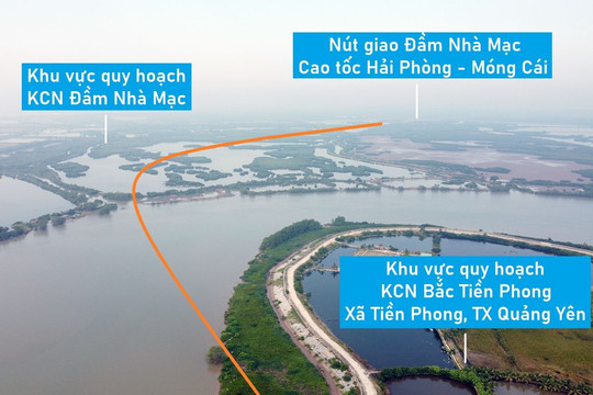 Toàn cảnh vị trí dự kiến quy hoạch cầu vượt sông Rút kết nối nút giao Đầm Nhà Mạc ở TX Quảng Yên, Quảng Ninh