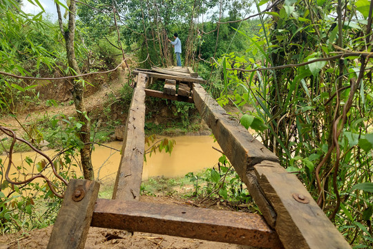 Cầu dân sinh làm bằng tre, cột dây vải ở Kon Tum