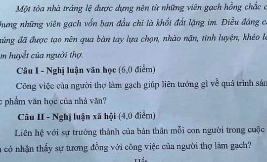 Đề văn vào lớp 10 về nghề đóng gạch gây tranh cãi