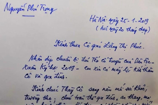 Sự khích lệ nhà giáo từ bức thư tay Tổng Bí thư Nguyễn Phú Trọng gửi cô giáo cũ
