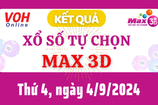 Vietlott MAX 3D 4/9 - Kết quả xổ số Vietlott hôm nay thứ 4 4/9/2024