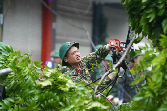 Hà Nội tập trung chống dựng, trồng lại cây xanh nghiêng đổ