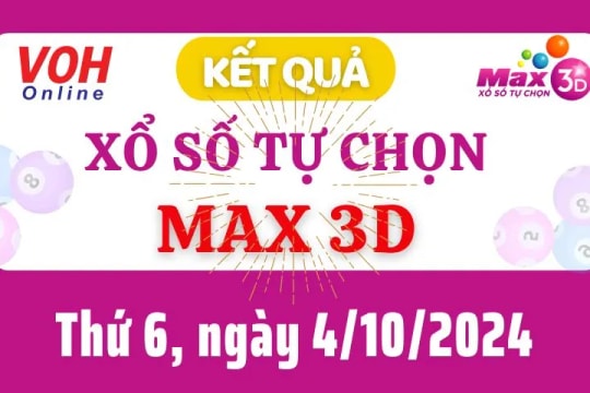 Vietlott MAX 3D 4/10 - Kết quả xổ số Vietlott hôm nay thứ 6 4/10/2024