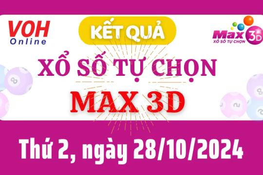 Vietlott MAX 3D 28/10 - Kết quả xổ số Vietlott hôm nay thứ 2 28/10/2024