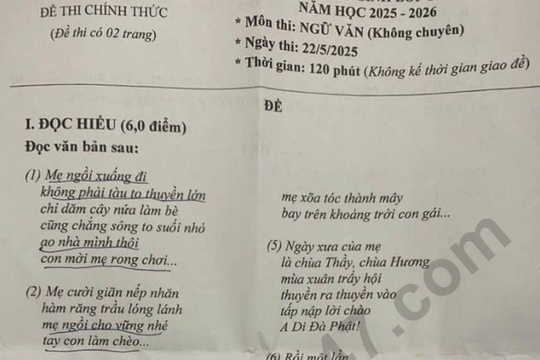 Tỉnh đầu tiên thi lớp 10, đề và đáp án môn ngữ văn