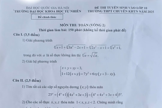 Đề thi môn Toán vòng 2 vào lớp 10 chuyên Khoa học Tự nhiên