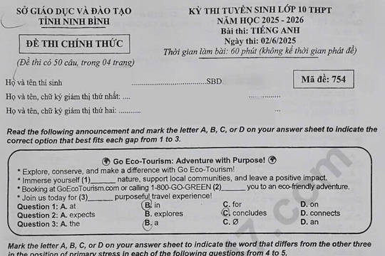 Đề thi và đáp án môn Tiếng Anh thi vào 10 tỉnh Ninh Bình năm 2025