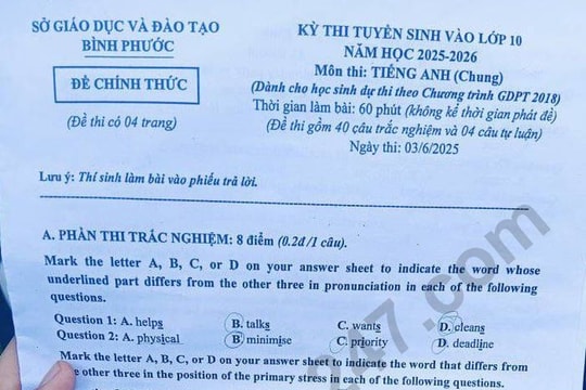 Đề thi và đáp án môn Tiếng Anh thi vào 10 tỉnh Bình Phước năm 2025