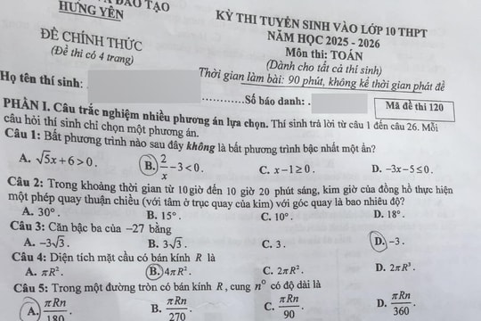 Đề thi và đáp án môn Toán thi vào lớp 10 tỉnh Hưng Yên năm 2025