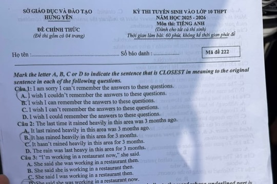 Đáp án và đề thi chính thức môn Tiếng Anh thi vào lớp 10 tỉnh Hưng Yên năm 2025