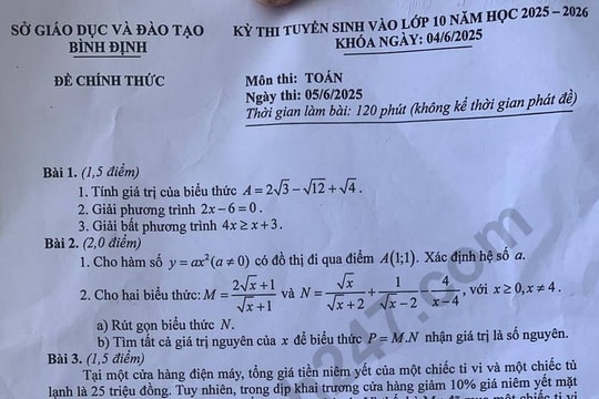 Đáp án và đề thi môn Toán vào lớp 10 năm 2025 của tỉnh Bình Định