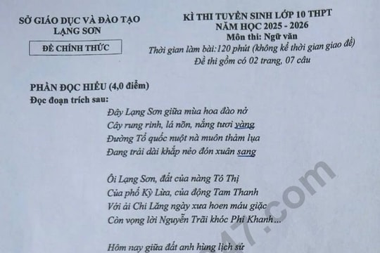 Đáp án và đề thi môn Ngữ văn thi vào lớp 10 năm 2025 của tỉnh Lạng Sơn