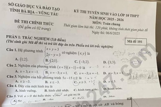Đáp án và đề thi môn Toán thi vào lớp 10 năm 2025 của tỉnh Bà Rịa - Vũng Tàu