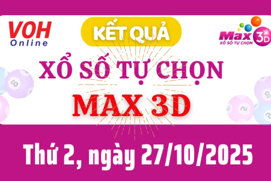 Vietlott MAX 3D 27/10 - Kết quả xổ số Vietlott hôm nay thứ 2 27/10/2025
