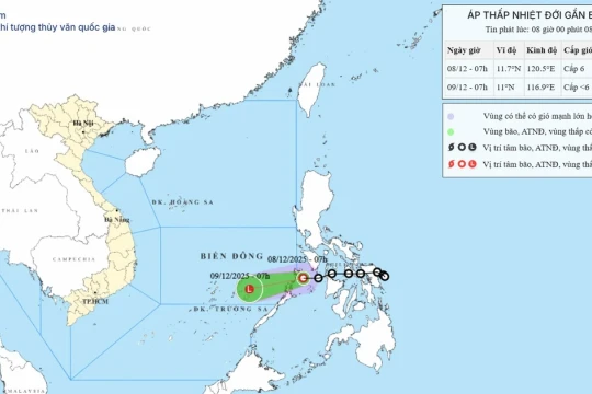 Áp thấp nhiệt đới hình thành gây sóng cao 3-6m, gió giật cấp 7-8