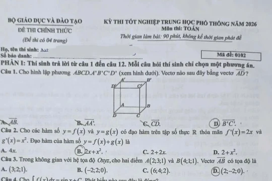 Gợi ý đáp án môn Toán Kỳ thi tốt nghiệp THPT 2026