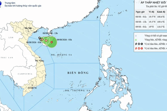 Áp thấp nhiệt đới giật cấp 8 trên Vịnh Bắc Bộ, nhiều vùng biển sóng cao đến 4m