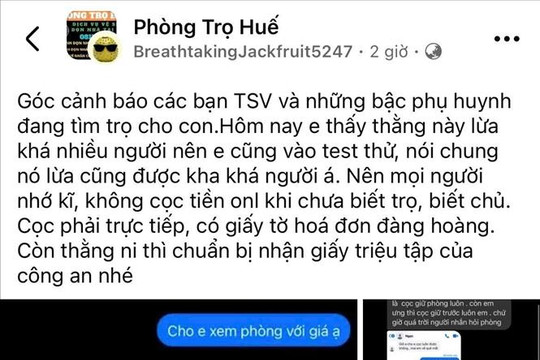 Phản hồi thông tin: Đại học Huế phối hợp xử lý thủ đoạn lừa đảo cho thuê trọ online